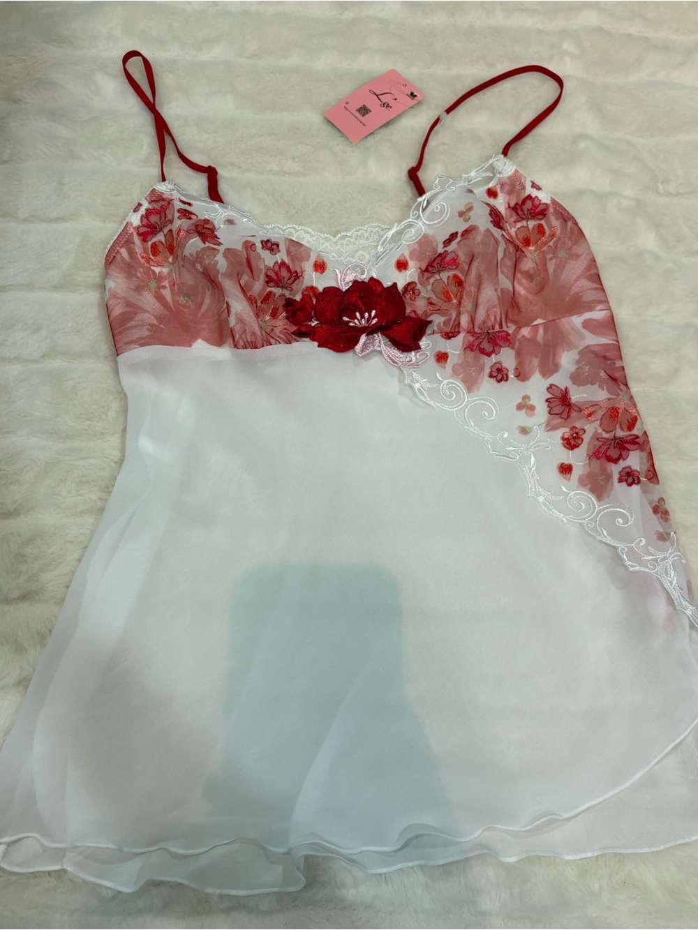 Wacoal White Chemise with Red Floral Embroidery